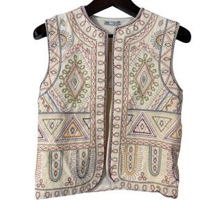 Zara Embroidered Beaded Boho Cream Cotton Linen Blend Open Front Vest Size M NWT